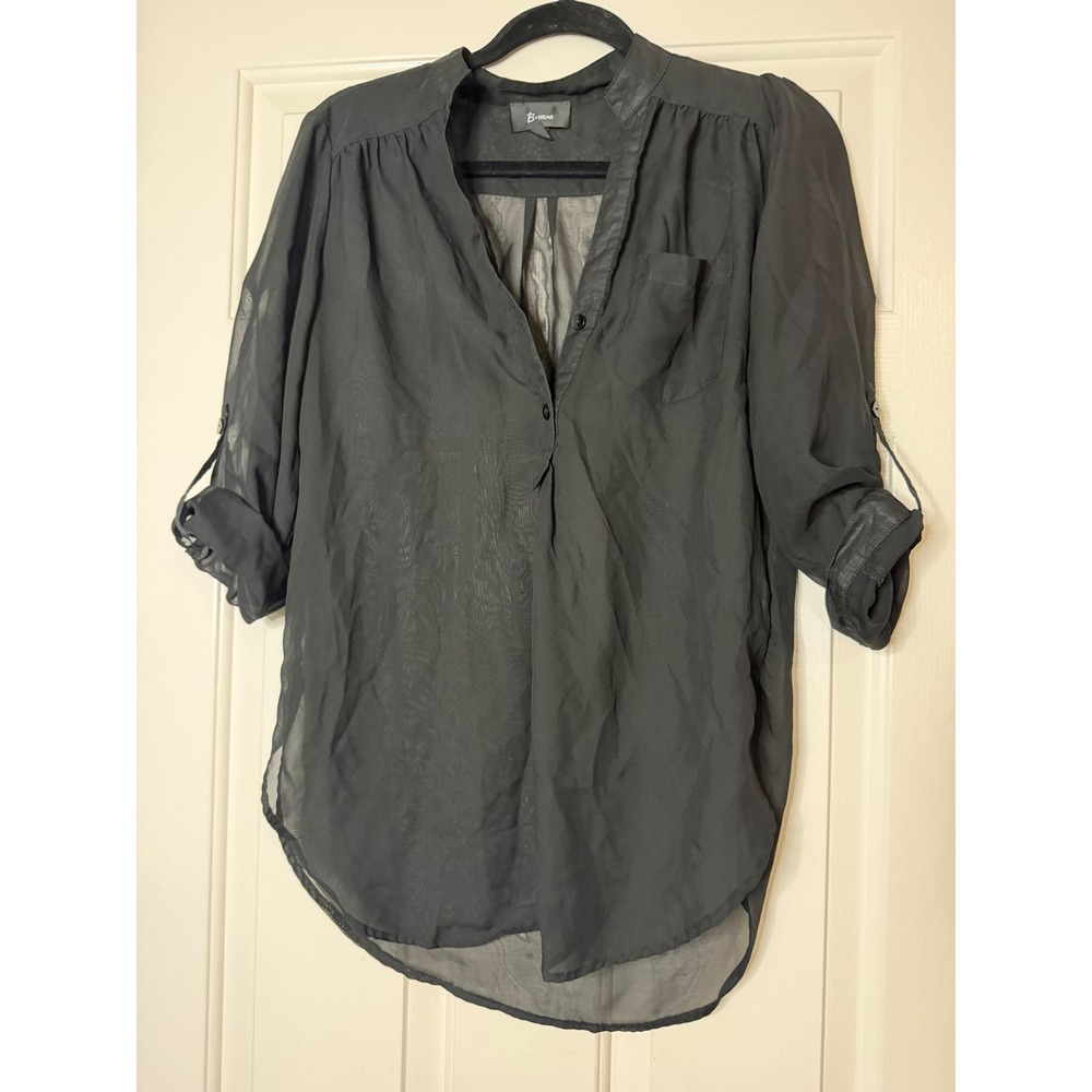 B-Wear Women's Medium Black Sheer Chiffon High Low Tunic Blouse Roll Tab Sleeve
